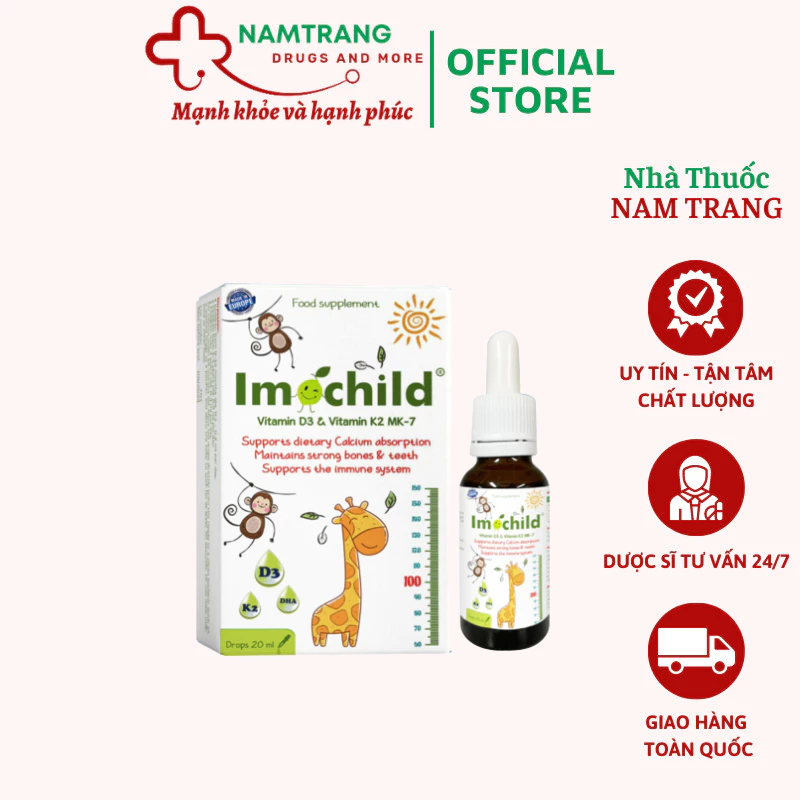 Imochild NHỎ GIỌT D3 K2 Fobelife Bổ Sung Vitamin D3 K2 và DHA Hấp Thụ Canxi Phát Triển Chiều Cao Cho Trẻ - Chai 20ml