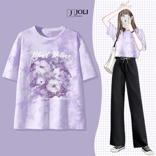 Áo Thun Loang, Áo Phông Nam Nữ Unisex Tay Lỡ By JOLI BST Màu Tím In Hình Chất Cotton Form Rộng