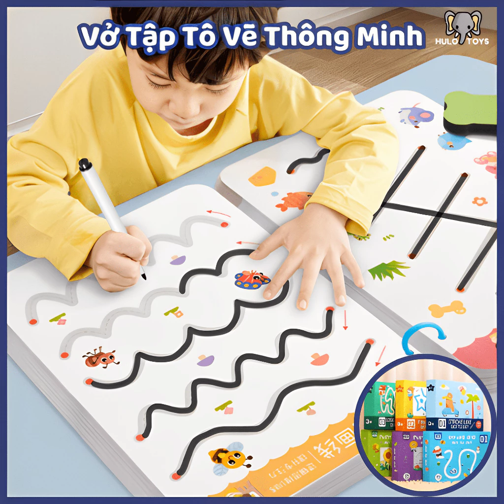 Combo Tập Tô Vẽ Thông Minh Xóa Được 128 Trang Hulo Toys, Học Liệu Montessori Cho Bé