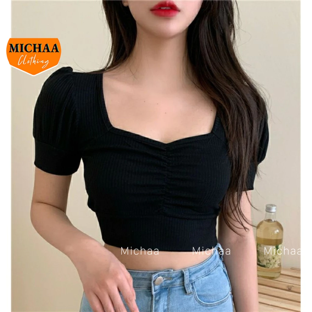 Áo Croptop TAY PHỒNG NHÚN NGỰC Nữ Thun Gân Kiểu Cổ Vuông Ulzzang Ôm Body Đẹp MICHAA CR38