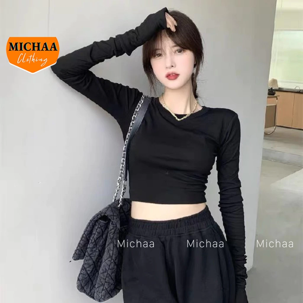 Áo Croptop TAY DÀI CỔ TRÒN Nữ Basic Thun Gân Kiểu Ulzzang Ôm Body MICHAA CR21