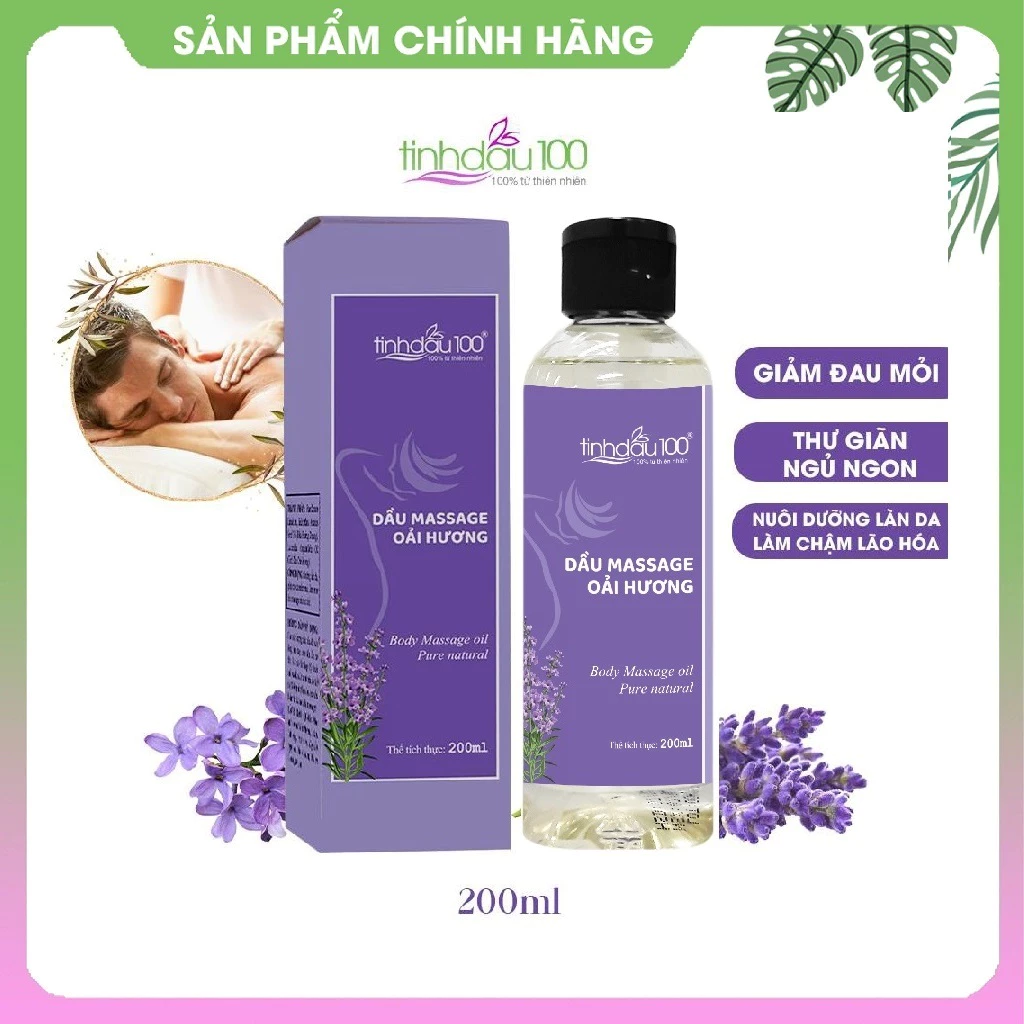 Dầu massage body oải hương Tinh Dầu 100 thư giãn, giảm đau mỏi vai gáy. Tinh dầu massage lavender lọ 200ml