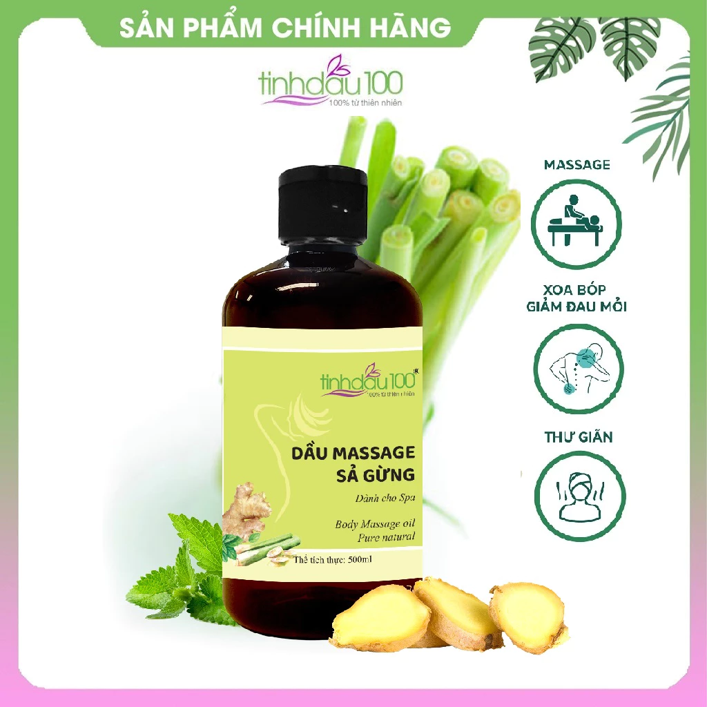 Dầu mát xa body sả gừng thư giãn, có nóng, xoa bóp cổ vai gáy. Tinh dầu massage bụng săn chắc lọ 500ml Tinh Dầu 100