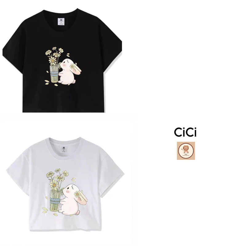 Áo in hình chú thỏ cầm bình bông vải thun cotton cổ tròn tay ngắn cho nữ