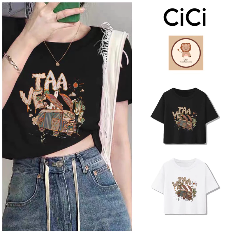 Áo kiểu thun in hình chiếc xe xuống dốc thun tay ngắn cổ tròn form ngắn cho nữ