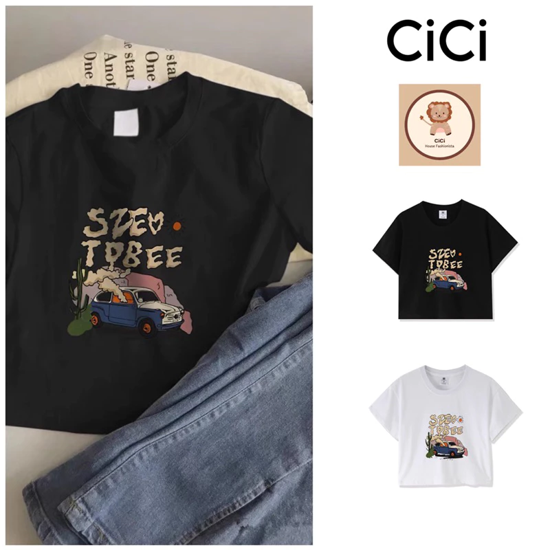 Áo kiểu thun xe hơi cotton cổ tròn tay ngắn siêu ngầu cho nữ