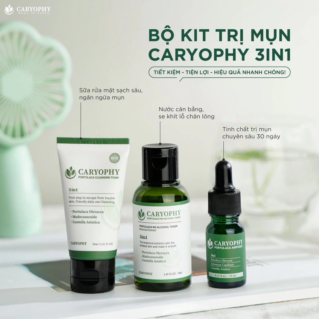 Bộ 3 Sản Phẩm Caryophy Portulaca Mini Size (Serum 10ml+ Sữa rửa mặt 30ml + Toner 50ml)