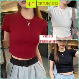 [CRTUN1012]ÁO CROPTOP KIỂU LỬNG NỮ CỔ TRÒN NGẮN TAY TRƠN ÔM BODY MÀU TRẮNG ĐEN ĐỎ SIÊU NGẦU PHÁ CÁCH