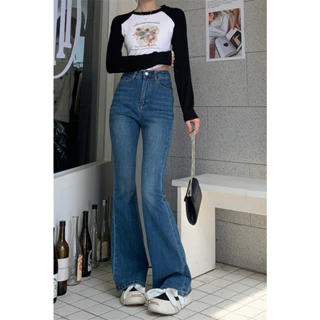 Quần jean nữ cạp cap ống loe, quần jean dài co giãn hai màu xanh và đen_R56