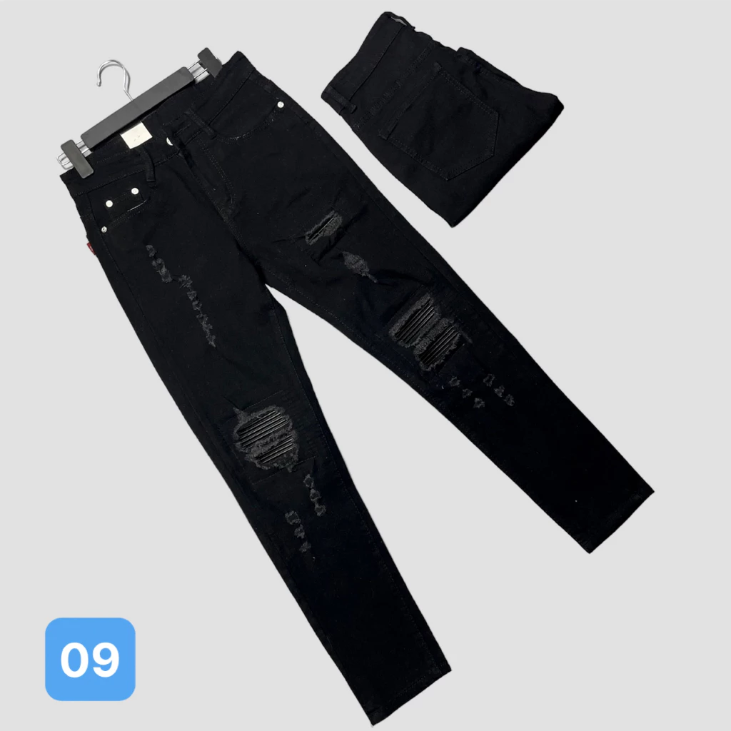 Quần bò nam màu đen rách vá da, quần jean dài nam OBOKFASHION ống suông phong cách hàn quốc co giãn cao cấp QDN09