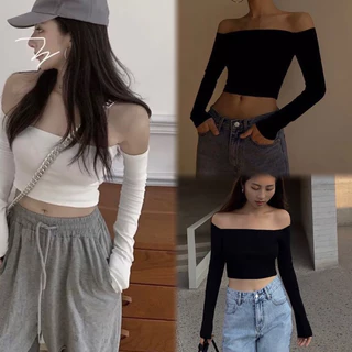 Áo croptop trễ vai tay dài, áo kiểu nữ chất tăm mịn - Colory Shop