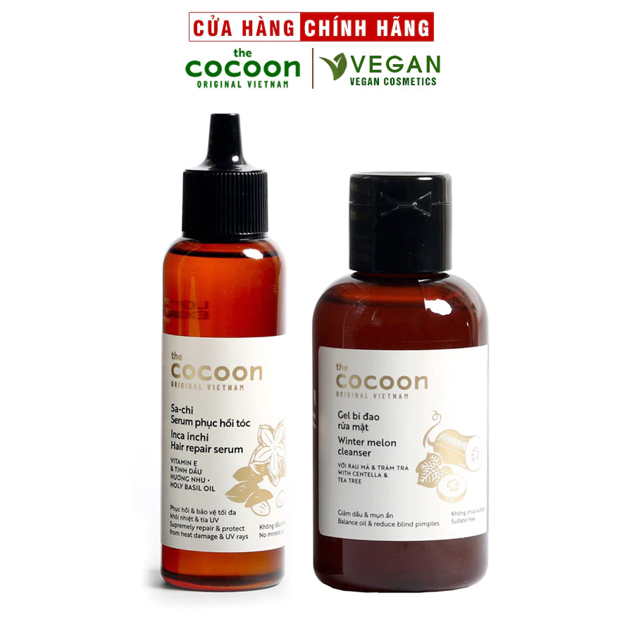 Combo gel bí đao rửa mặt cocoon 140ml + Sa-Chi serum phục hồi tóc cocoon 70ml