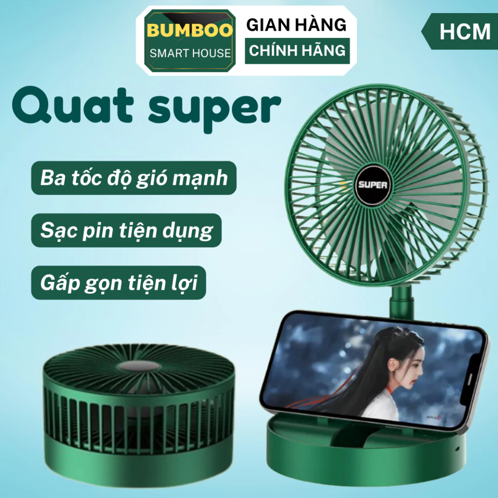 Quạt tích điện để bàn mini Super gấp gọn có thể kéo dài 3 tốc độ gió xoay 360 cổng sạc usb tiện dụng, bảo hành 12 tháng