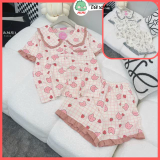 (Đũi) Bộ mặc nhà pijama cổ sen viền bèo hình gấu dễ thương MiMi