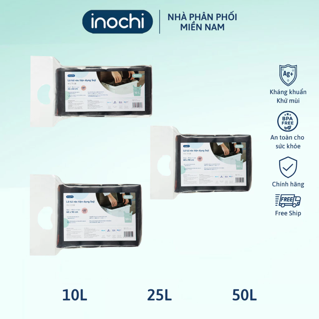 Lô 4 cuộn 140 túi rác tự hủy inochi, thiết kế quai xách tiện lợi, tự hủy sinh học ngăn mùi hôi.