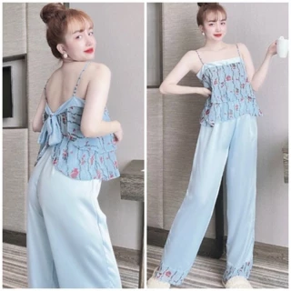 Đồ bộ nữ mặc nhà Đồ bộ pyjama Áo 2 dây cột nơ sau kèm quần dài chất lụa Satin mềm mịn mặc mát bao sang cho phái nữ