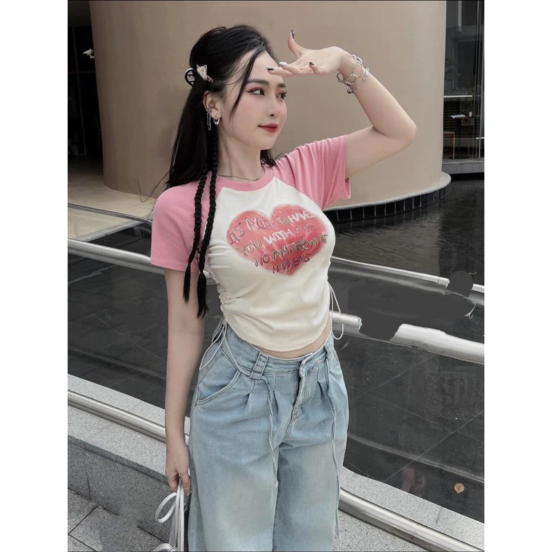 ÁO CROPTOP XINH RÚT DÂY IN TRÁI TIM TM9