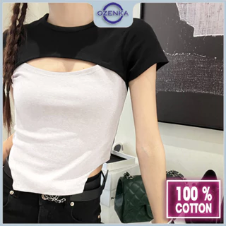 Áo croptop nữ sexy sang chảnh cổ tròn ozenka , áo crt kiểu cotton đen trắng ôm body mặc đi học đi chơi