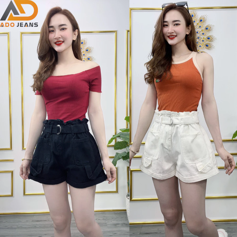 Quần đùi jean nữ lưng chun bèo co giãn phong cách Hàn Quốc thương hiệu ADO JEANS