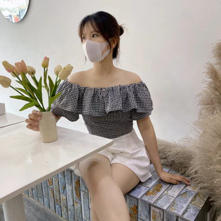 Áo trễ vai croptop ngắn tay phồng Liluta,Phong cách bánh bèo