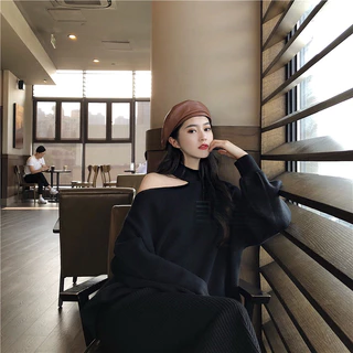 Áo sweater hở vai dài tay form oversize - áo nỉ khoét trễ vai quyến rũ dáng rộng phong cách Hàn Quốc