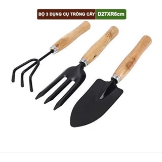 bộ dụng cụ trồng cây làm vườn 3 món lưỡi thép cán gỗ dài 25cm