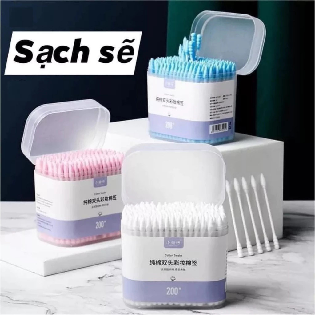 Hộp 200 tăm bông ngoáy tai 2 đầu trang điểm mềm mịn thấm nước cao cấp, bông lấy ráy tai vệ sinh an toàn