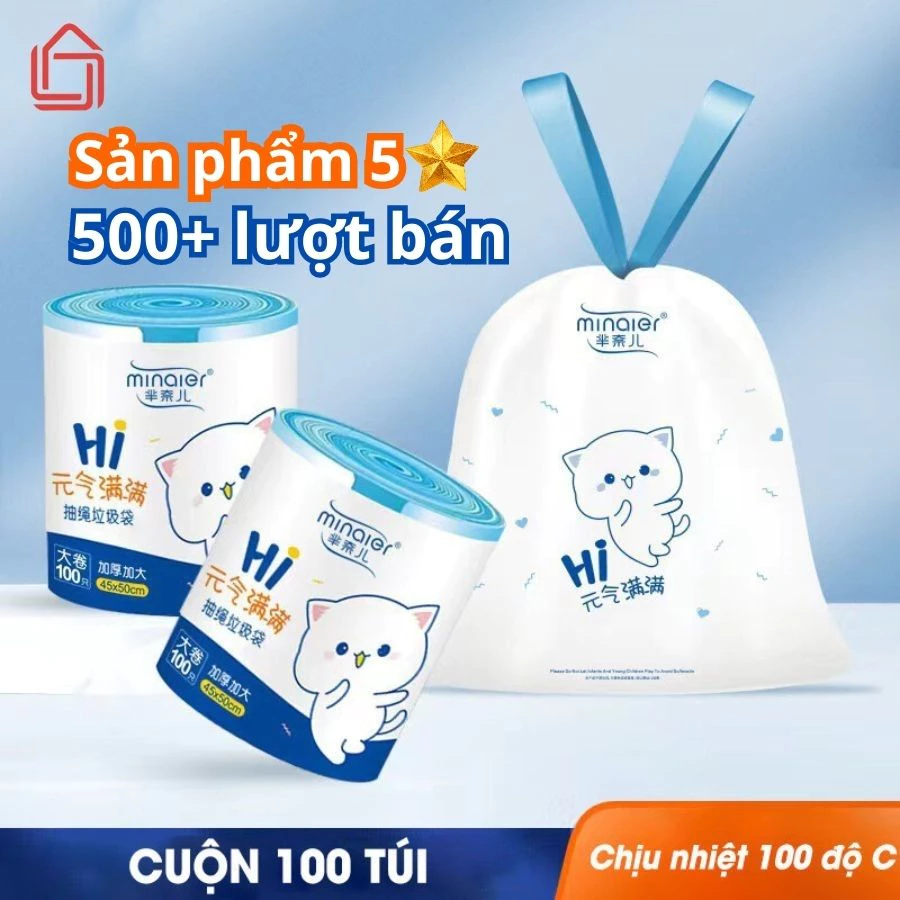 Túi đựng rác dây rút Minaier chống rò rỉ nước, không sợ bẩn tay | Túi đựng rác cuộn 100 túi siêu dai kích thước 45*50cm