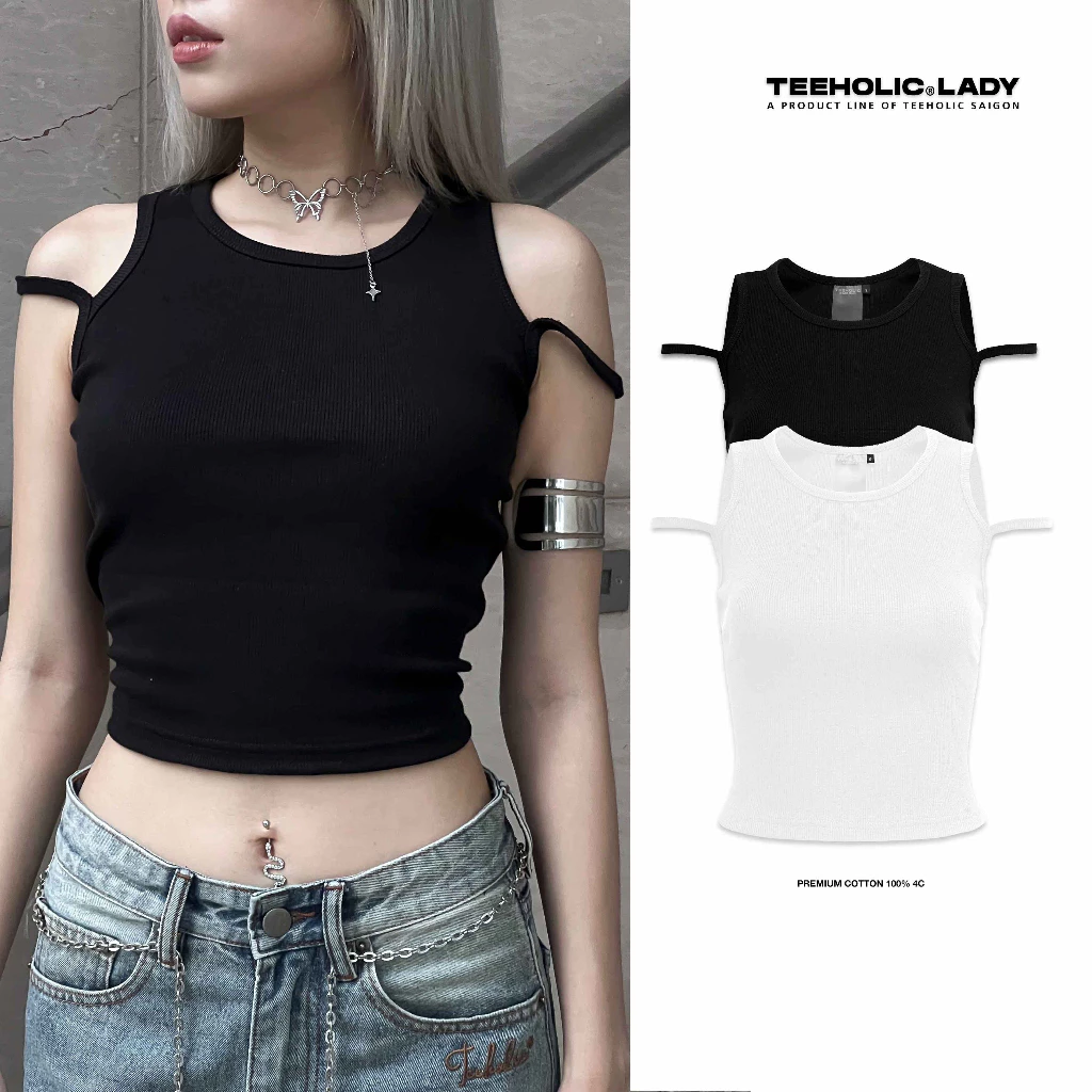 Áo ba lỗ nữ sát nách croptop khoét vai vải dày dặn đứng form màu đen trắng teeholic