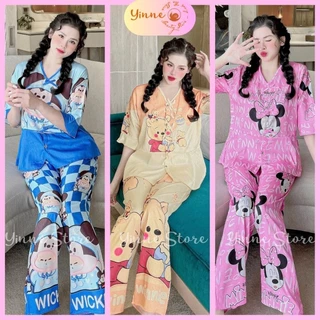 (40-60kg) Đồ bộ Pijama 3 nơ Tay loe lỡ Quần Dài, Bộ ngủ mặc nhà Lụa Xước Ánh Kim Thiết Kế 5D họa tiết HotTrend, Xuất sắc