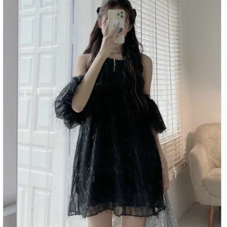 Đầm babydoll cổ yếm lông vũ trễ vai cực dễ thương che khuyết điểm cho nữ đi chơi dự tiệc sang chảnh