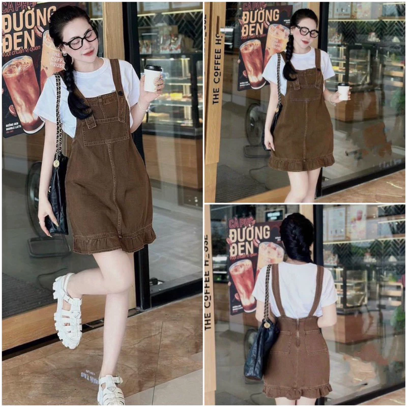 Yếm váy jeans kaki đuôi bèo ( dưới m62) dày dặn siêu dễ thương,yếm jeans nữ, yếm mẹ và bé KLii jeans sẵn