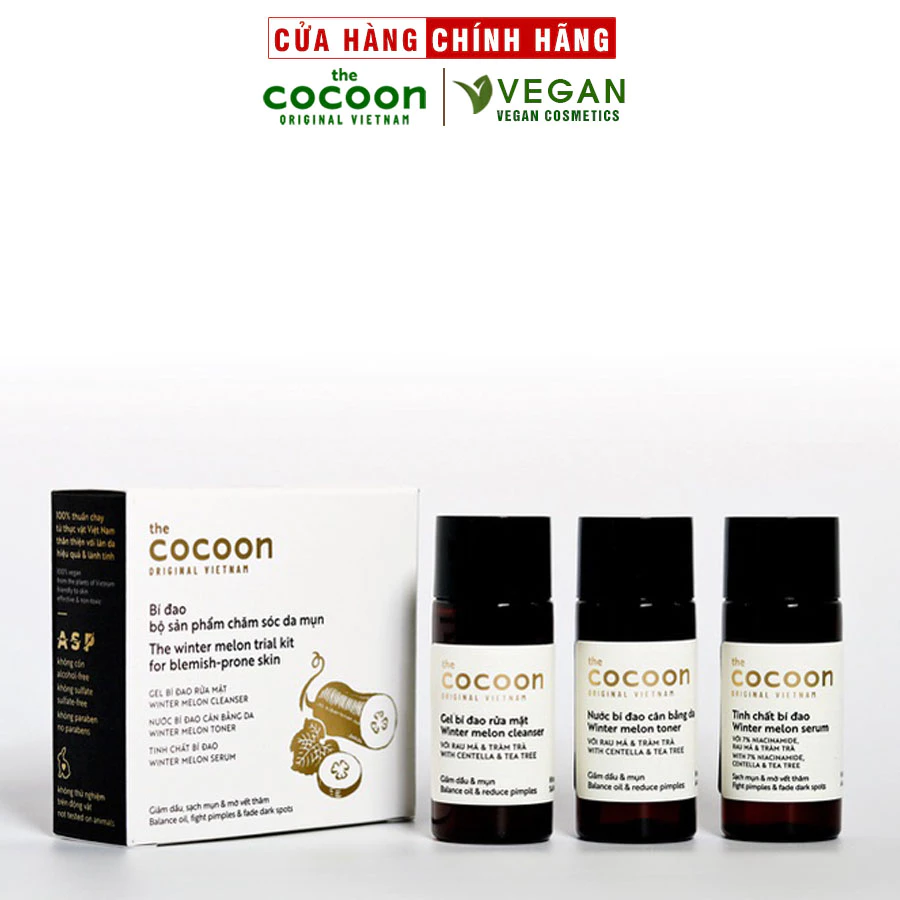 Bộ bí đao Cocoon chăm sóc da mụn: Gel rửa mặt 15ml + Toner 15ml + Serum 15ml