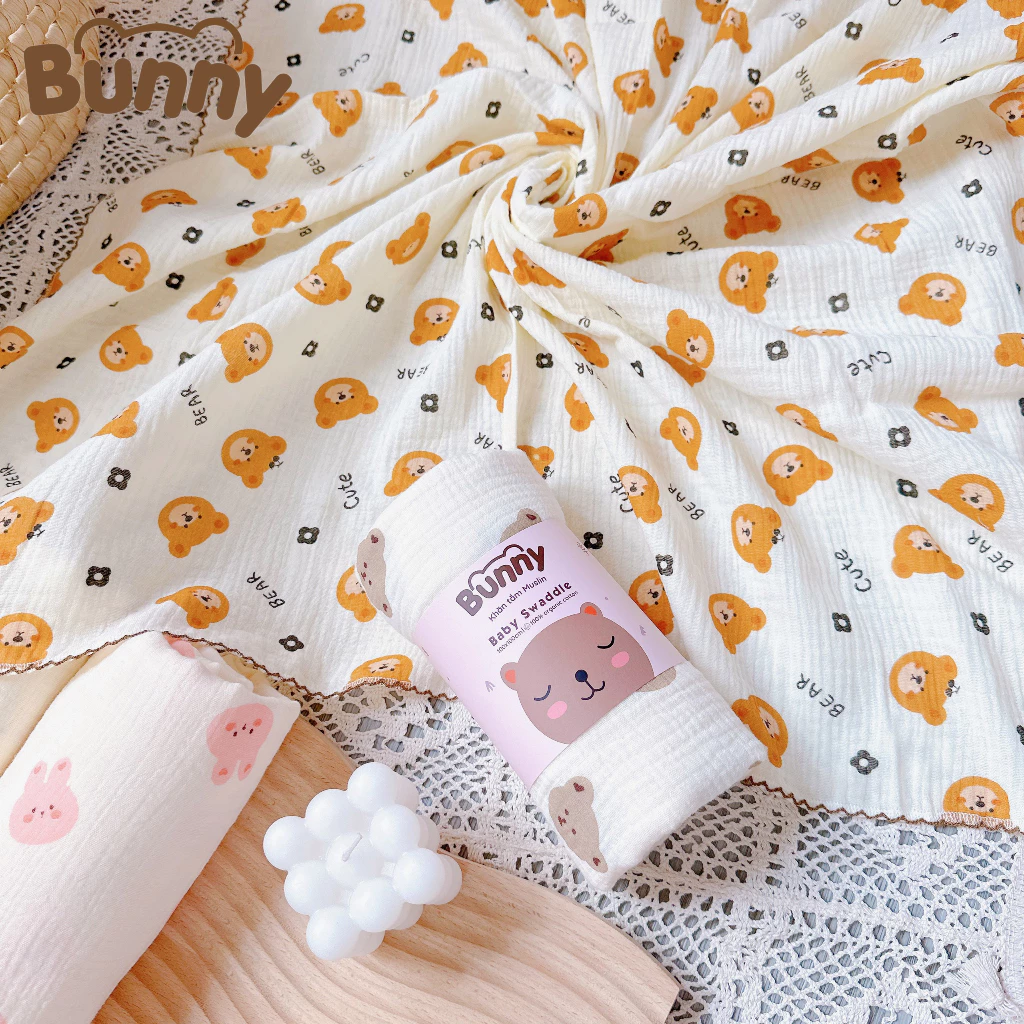 Khăn tắm xô Muslin sợi tre Kidsworld Bunny chính hãng 2 lớp đa năng cho bé kích thước 1m*1m