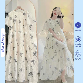 [V344] Đầm Váy Bầu Dự Tiệc Cưới Mùa Hè Thiết Kế Hoa Nhí Dáng Suông Tầng Trẻ Trung - Váy Bầu Công Sở Xinh Freesize