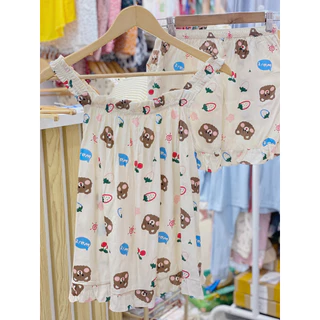 Bộ mặc nhà Pyjama hai dây chất đũi nhắn Hàn Tea Store chất vải mềm họa tiết dễ thương