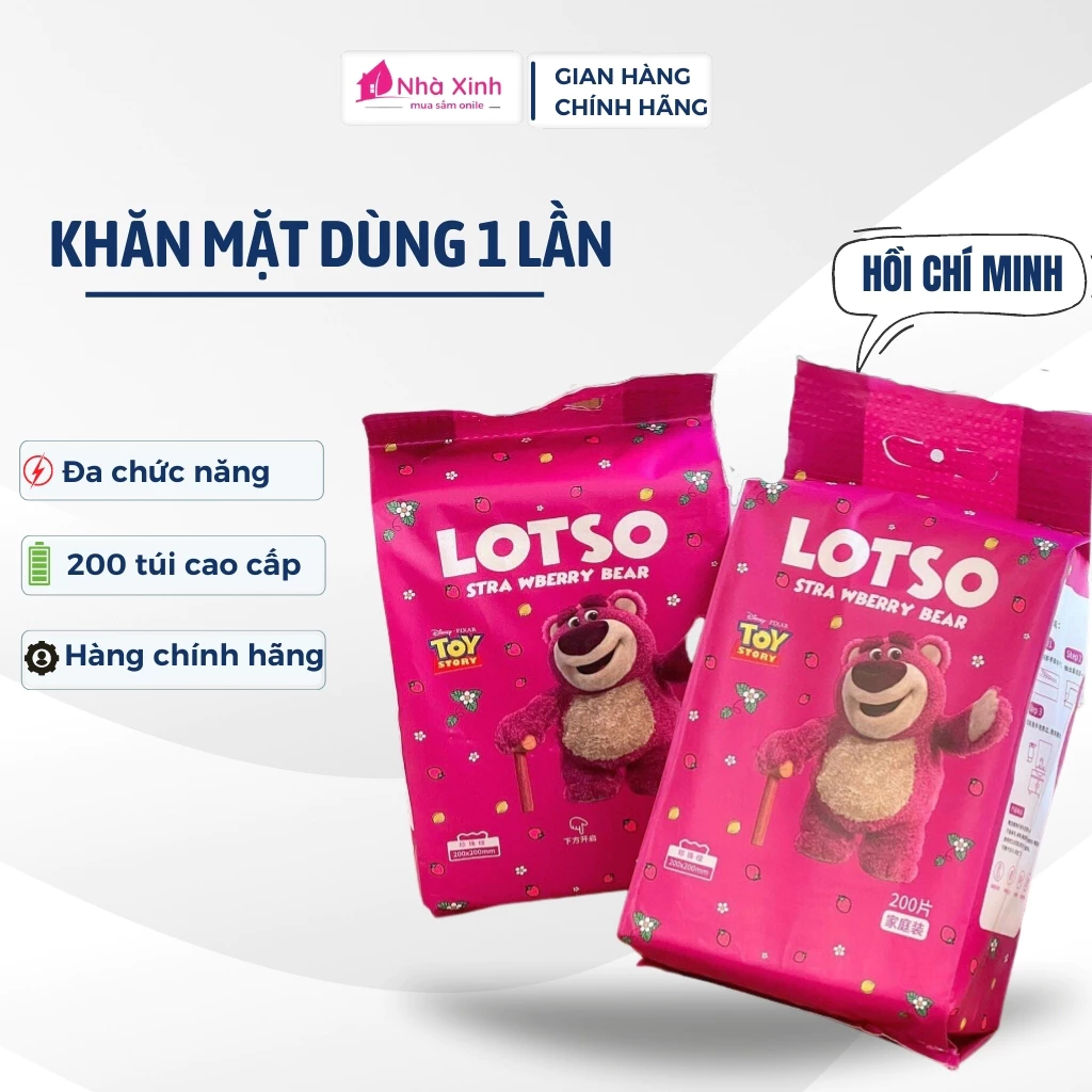 Khăn mặt, khăn lau dùng 1 lần gấu dâu lotso gói 200 cái chất liệu mềm mại phù hợp cho da nhạy cảm an toàn cho da