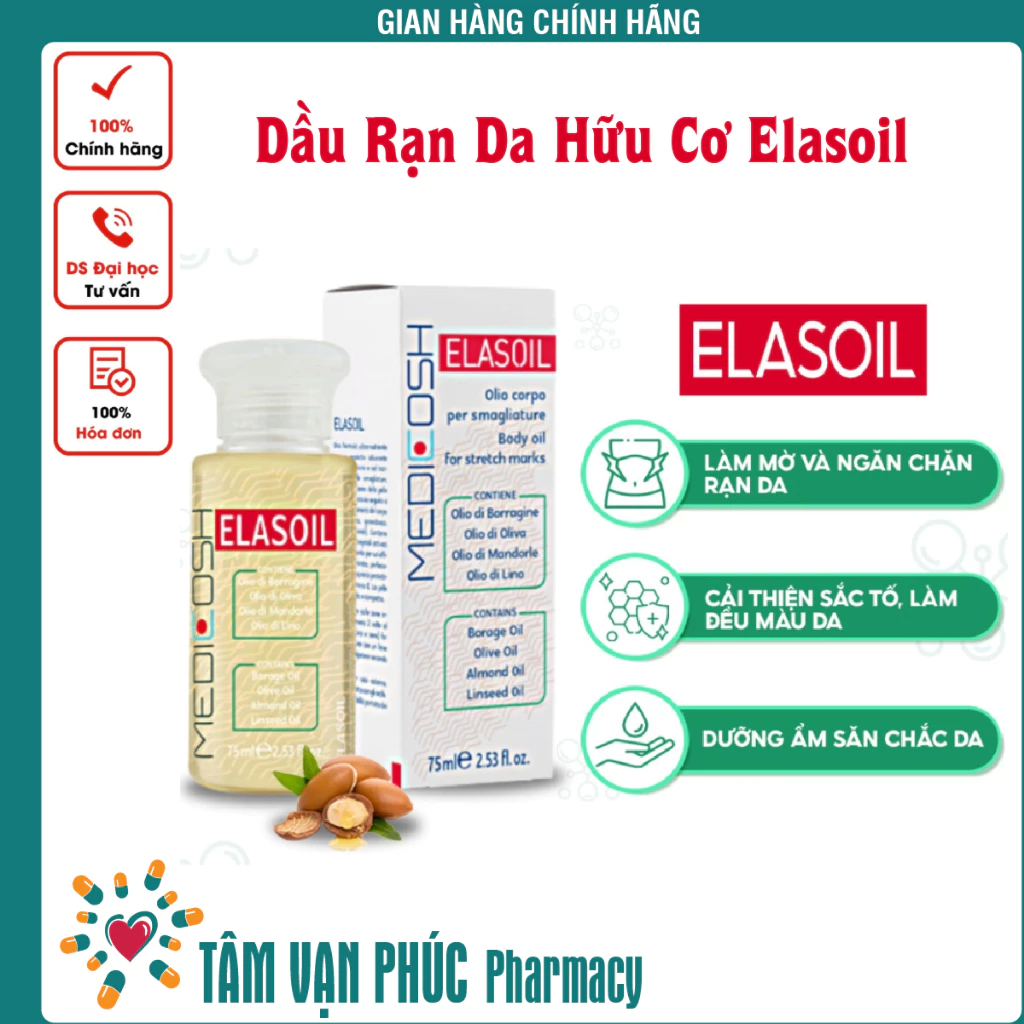 Dầu Rạn Da Hữu Cơ Elasoil Cao Cấp Giúp Ngăn Ngừa & Làm Mờ Vết Rạn Do Tăng Cân, Bầu & Sau Sinh Nhập Khẩu Từ Ý (Chai 75ml)