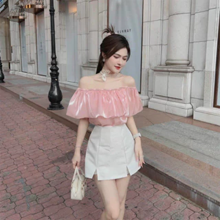 Set Bộ Trễ Vai Bèo Ngực Thời Trang Nữ Đi Chơi Chất Cotton Lạnh Có Mút Quần Váy Lưng Thun Có Lót Xẻ lai Mini