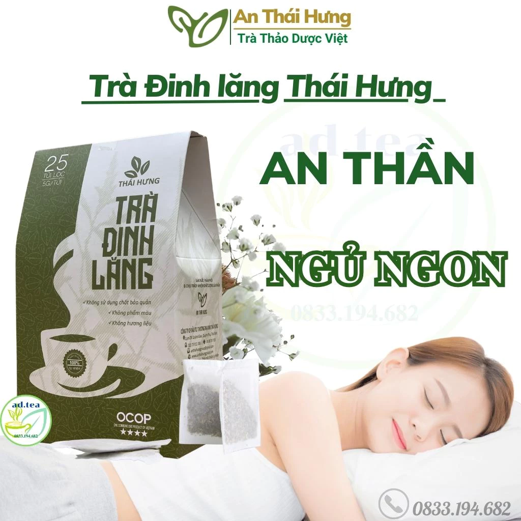 TRÀ - Đinh Lăng Thái Hưng - An Thần, Ngủ Ngon, Giảm Stress, Rối Loạn Tiền Đình - 25 túi lọc 125gr / ad.tea