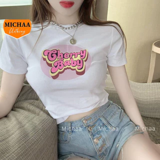 Áo Croptop Ôm Body Nữ CHERRY BABY Cổ Tròn Tay Ngắn, Áo Thun Croptop Kiểu In Họa Tiết MICHAA CR86