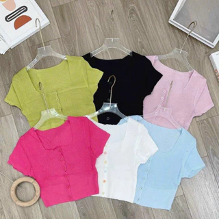 Áo len cộc cổ vuông cúc cài dáng croptop A174