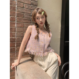 Áo gile dạ tweed dáng ngắn cổ chữ U phối rua xinh theo phong cách xuân hè Hàn Quốc