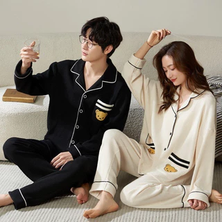 Bộ đồ ngủ đôi pijama nam nữ dài tay thu đông chất cotton dịu nhẹ với làn da nhiều màu sắc dễ thương hàng Quảng Châu C068