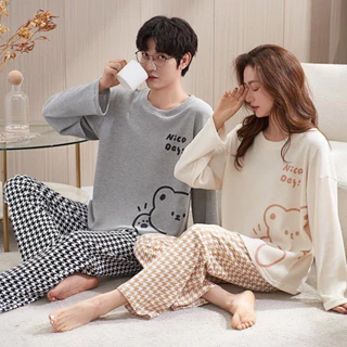 Bộ đồ ngủ đôi nam nữ cổ tròn dài tay thu đông nhiều hình dễ thương, vải cotton dịu nhẹ với làn da hàng Quảng Châu C069