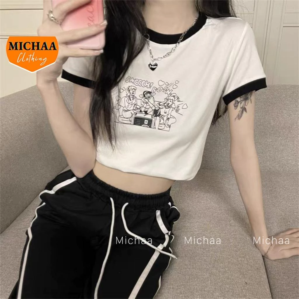 Áo Croptop Ôm Body Nữ SMOOCH TIM Cổ Tròn Tay Ngắn, Áo Thun Croptop Kiểu In Họa Tiết MICHAA CR89