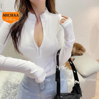 Áo Croptop CỔ CAO DÂY KÉO Tay Dài Thun Gân Kiểu Ôm Body Sexy Ulzzang MICHAA CR31