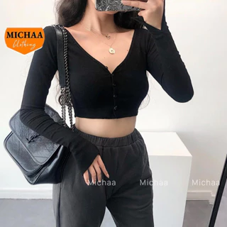 Áo Croptop CỔ TIM CÀI NÚT TAY DÀI Xẻ Nữ Chất Thun Gân Đẹp MICHAA CR22