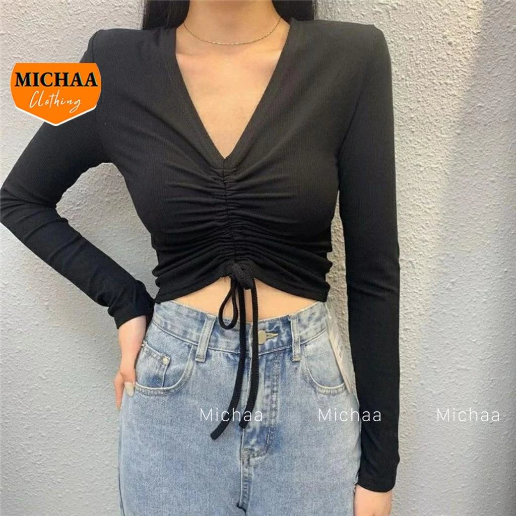 Áo Croptop CỔ TIM DÂY RÚT Tay Dài Kiểu Nữ Ôm Body Sexy Ulzzang MICHAA CR30