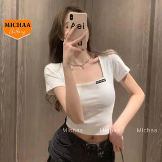 Áo Croptop Ngắn Tay GẮN LOGO Cổ Vuông Nữ Chất Thun Gân Kiểu Ôm Body Sexy Ulzzang MICHAA CR43